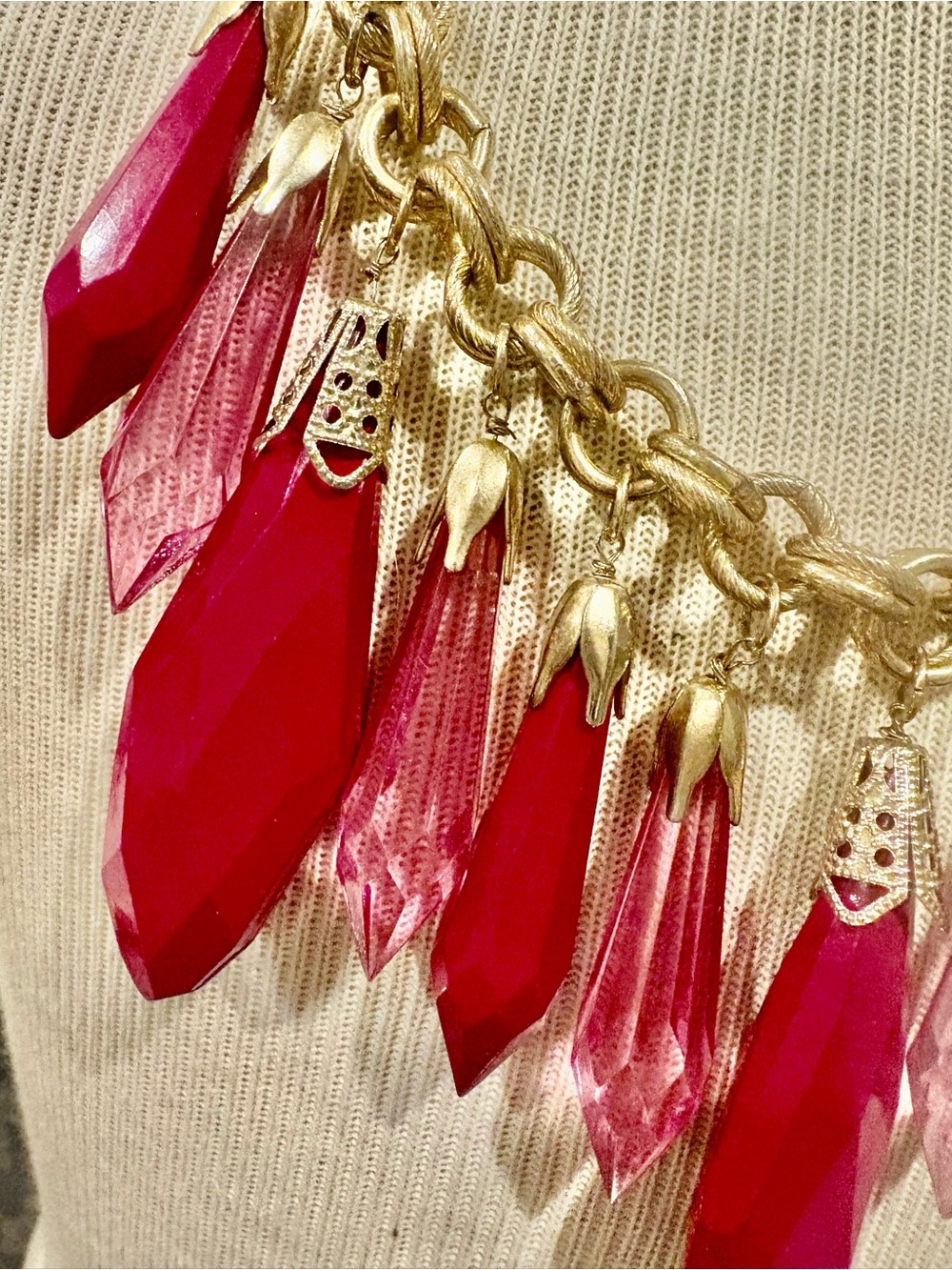 Gold Chain Statement Necklace with Fuchsia and Light Pink Crystal Drops - Picture 5 of 14